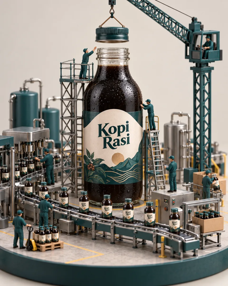 {{product}} {{brand_name}} raksasa dikelilingi pekerja mini, crane, dan conveyor kecil di atas meja. Tren diorama CGI un
