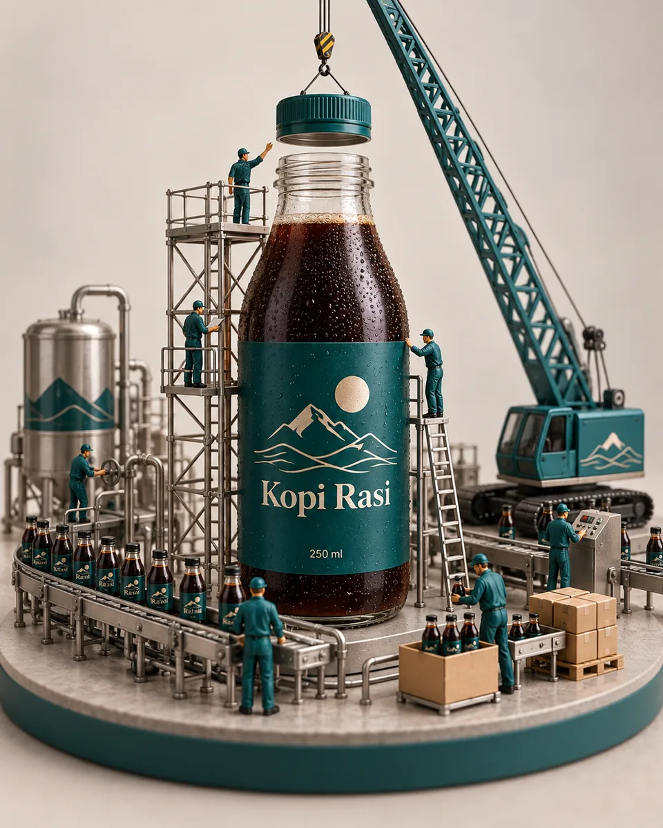 {{product}} {{brand_name}} raksasa dikelilingi pekerja mini, crane, dan conveyor kecil di atas meja. Tren diorama CGI un