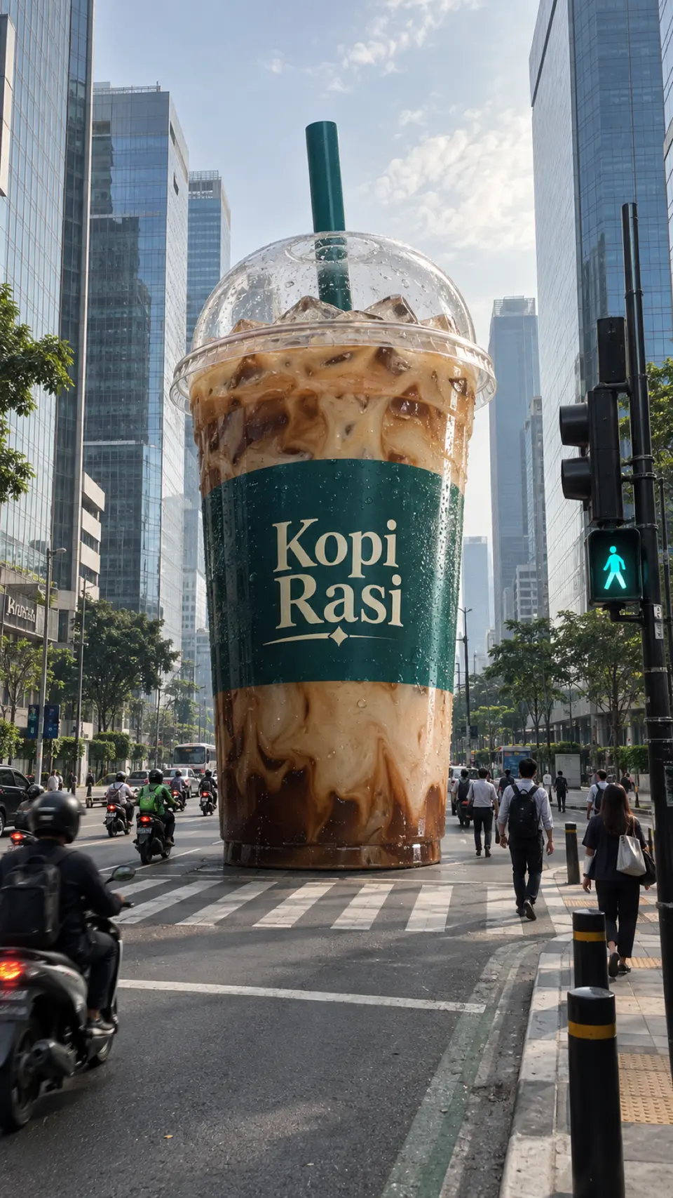 {{product}} {{brand_name}} setinggi gedung berdiri di zebra cross kota, terekam seperti video HP orang lewat. Format 9:1