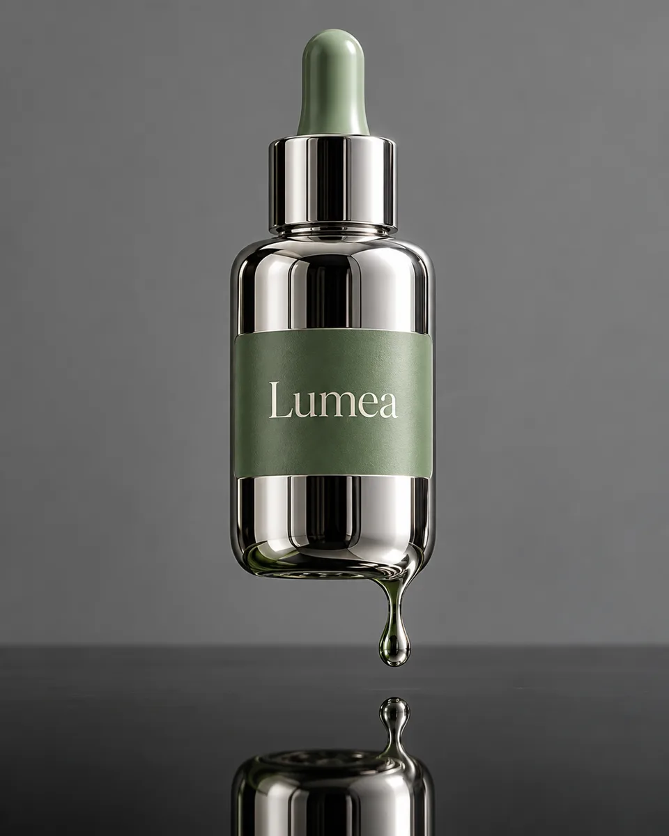 {{product}} {{brand_name}} berbahan chrome cair mengilap dengan tetesan meleleh di lantai kaca hitam. Untuk key visual p