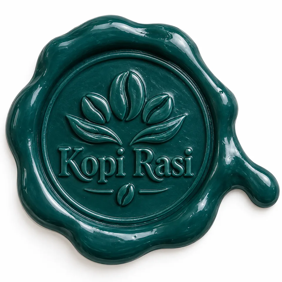 Logo {{brand_name}} dicetak timbul pada segel lilin {{primary_color}} yang penyok dan meleleh ke satu sisi, di latar put
