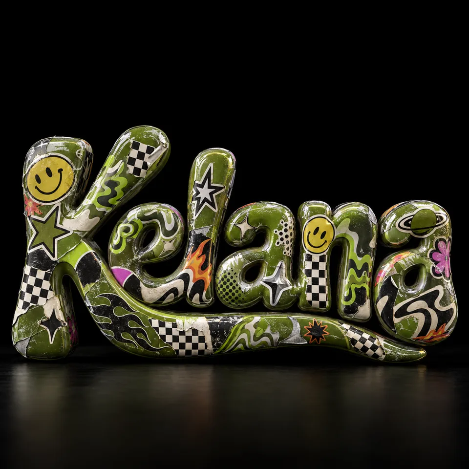 Objek 3D berbentuk logo {{brand_name}} dilapisi kolase stiker warna-warni gaya Y2K dengan ujung mengelupas, cahaya studi