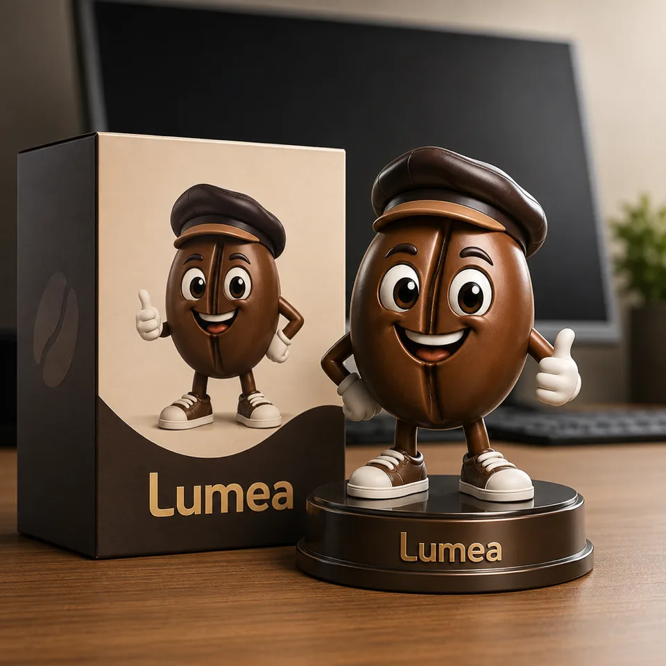 Figurine vinyl maskot {{brand_name}} ({{mascot_desc}}) di atas base bundar di samping box retailnya. Tren viral yang dip