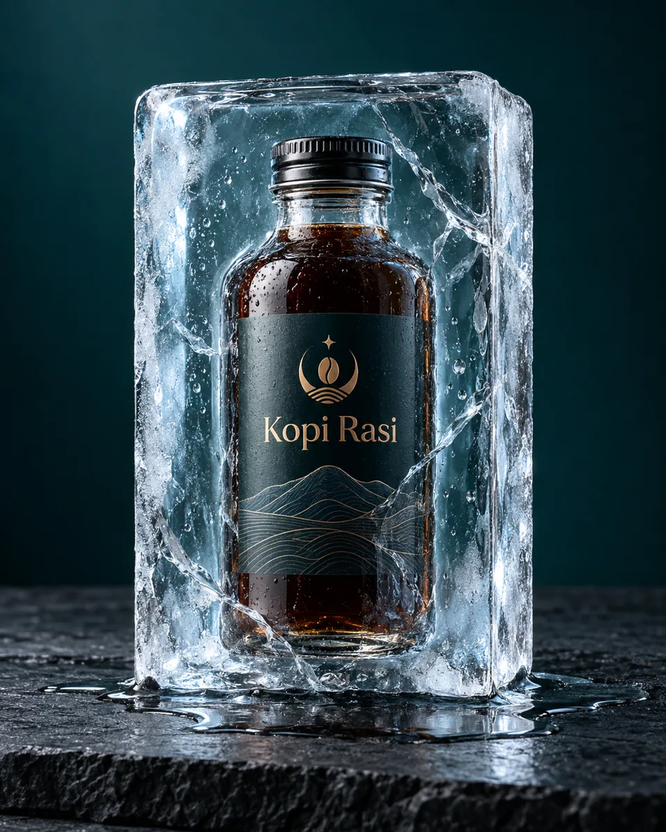 {{product}} {{brand_name}} terbungkus balok es bening dengan retakan dan embun beku di atas batu tulis. Tren ice cube un