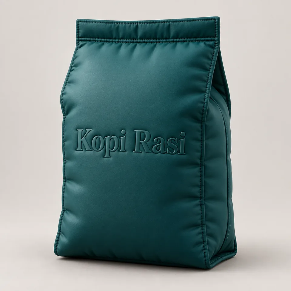 {{product}} {{brand_name}} dibuat ulang sebagai objek tiup matte {{primary_color}} dengan jahitan dan wordmark timbul. U