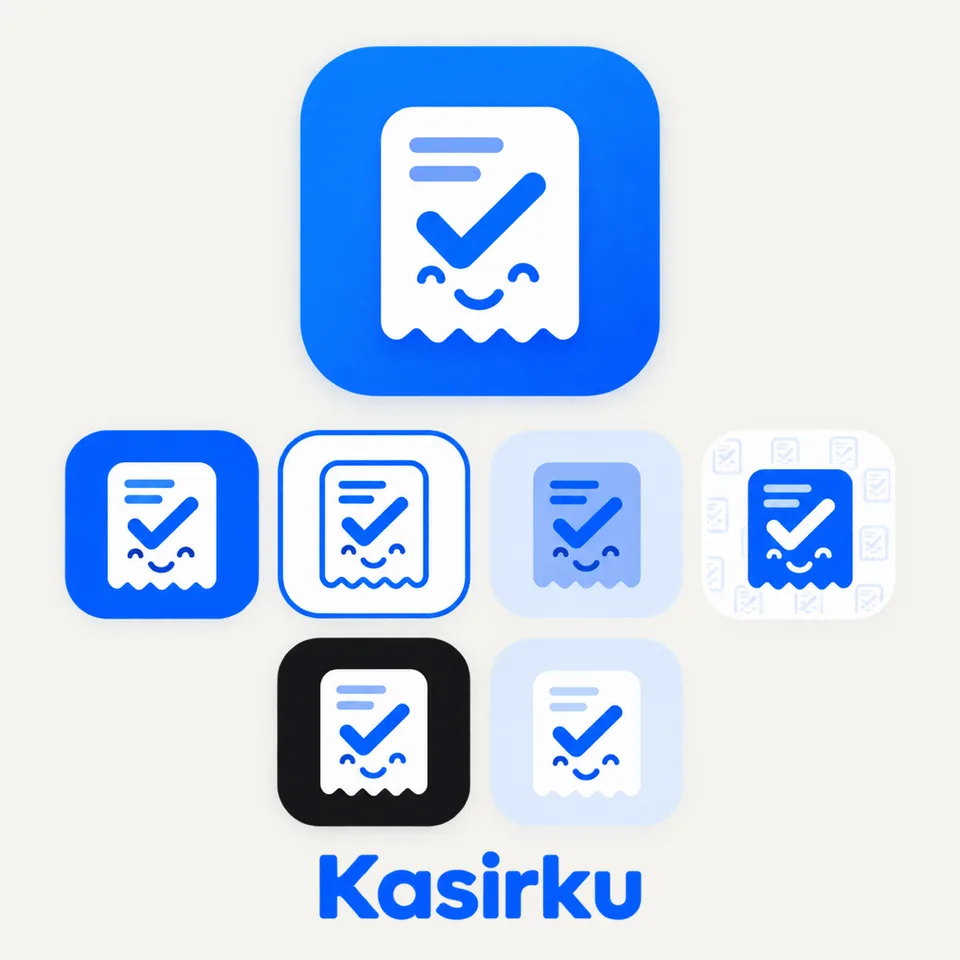 Ikon aplikasi {{app_name}} ({{logo_concept}}) dalam kotak rounded: ikon utama besar, empat alternatif warna/isian, dan d