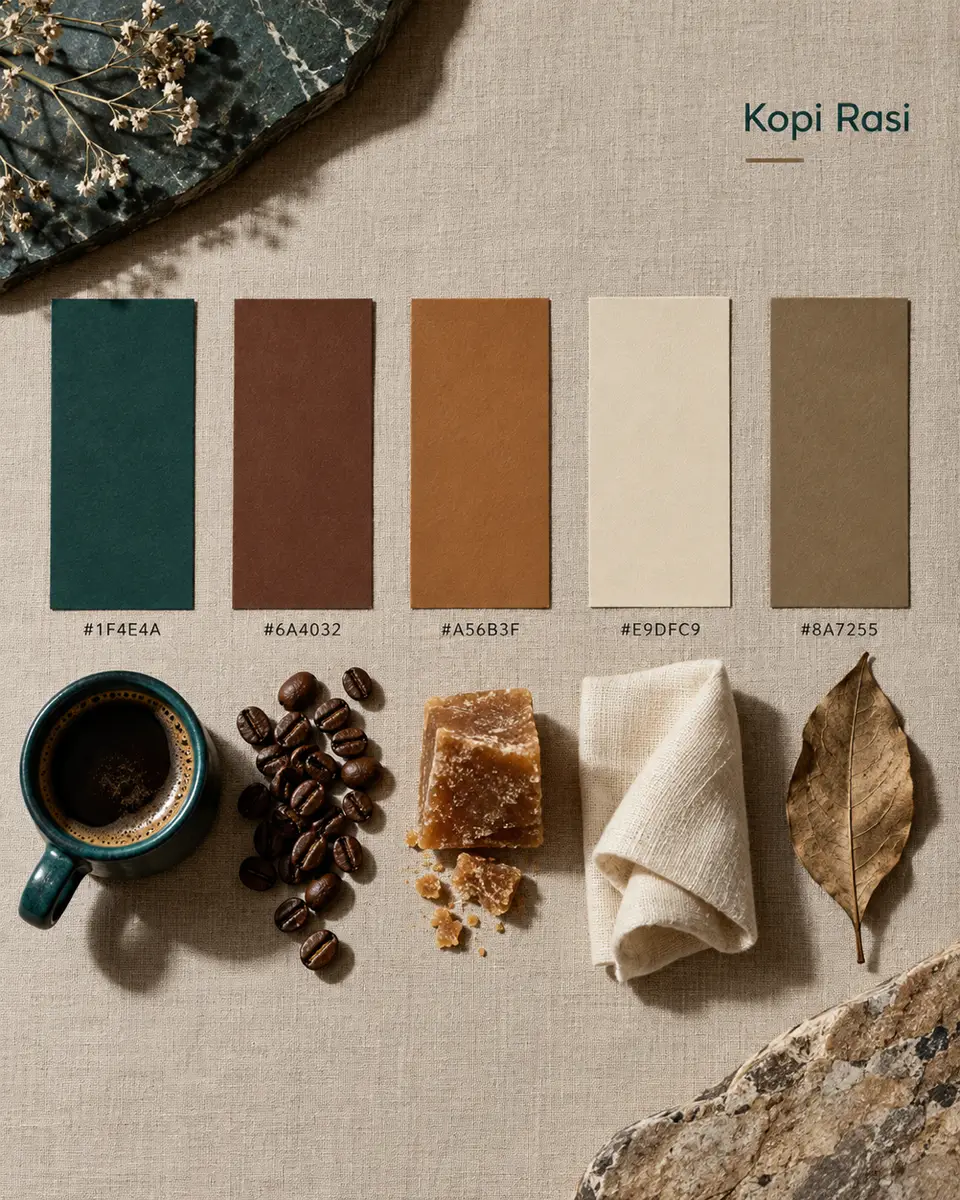 Palet {{brand_name}} sebagai lima swatch vertikal ber-HEX, masing-masing berdampingan dengan benda nyata berwarna sama (