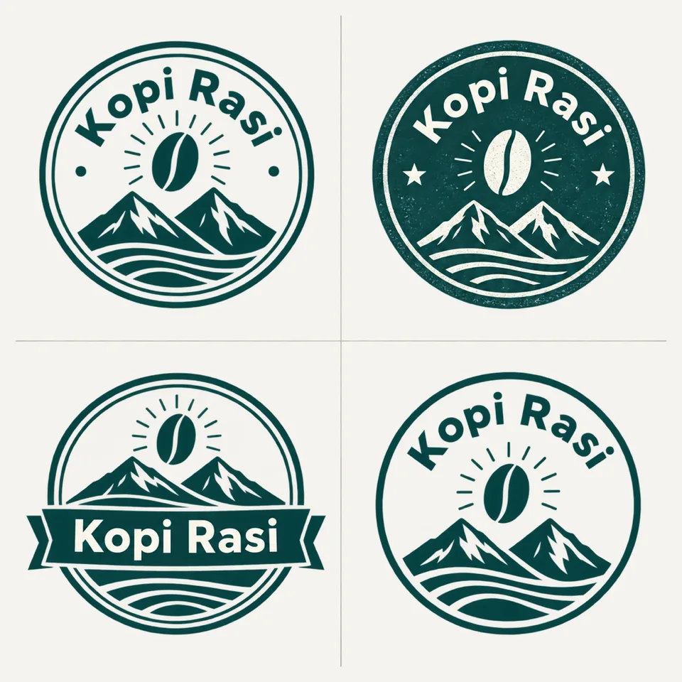 Empat emblem bulat {{brand_name}} ({{logo_concept}}) dalam grid 2×2: garis ganda, roundel bertekstur, banner pita, dan v