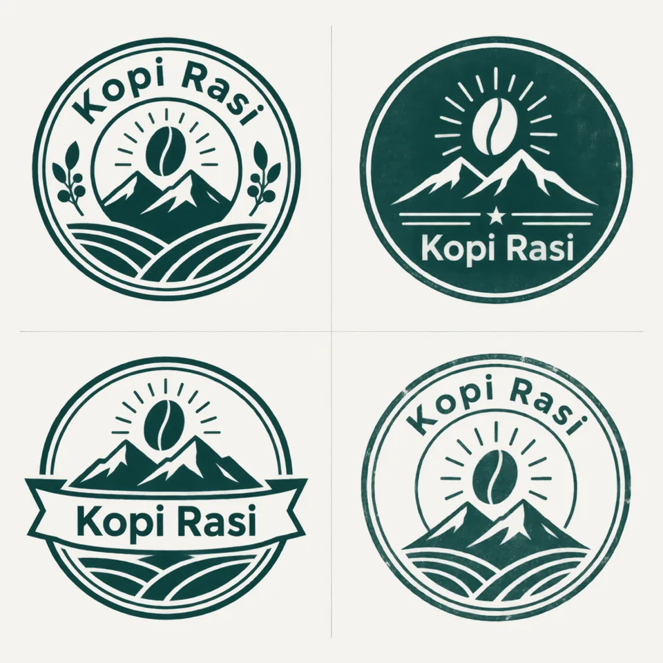 Empat emblem bulat {{brand_name}} ({{logo_concept}}) dalam grid 2×2: garis ganda, roundel bertekstur, banner pita, dan v