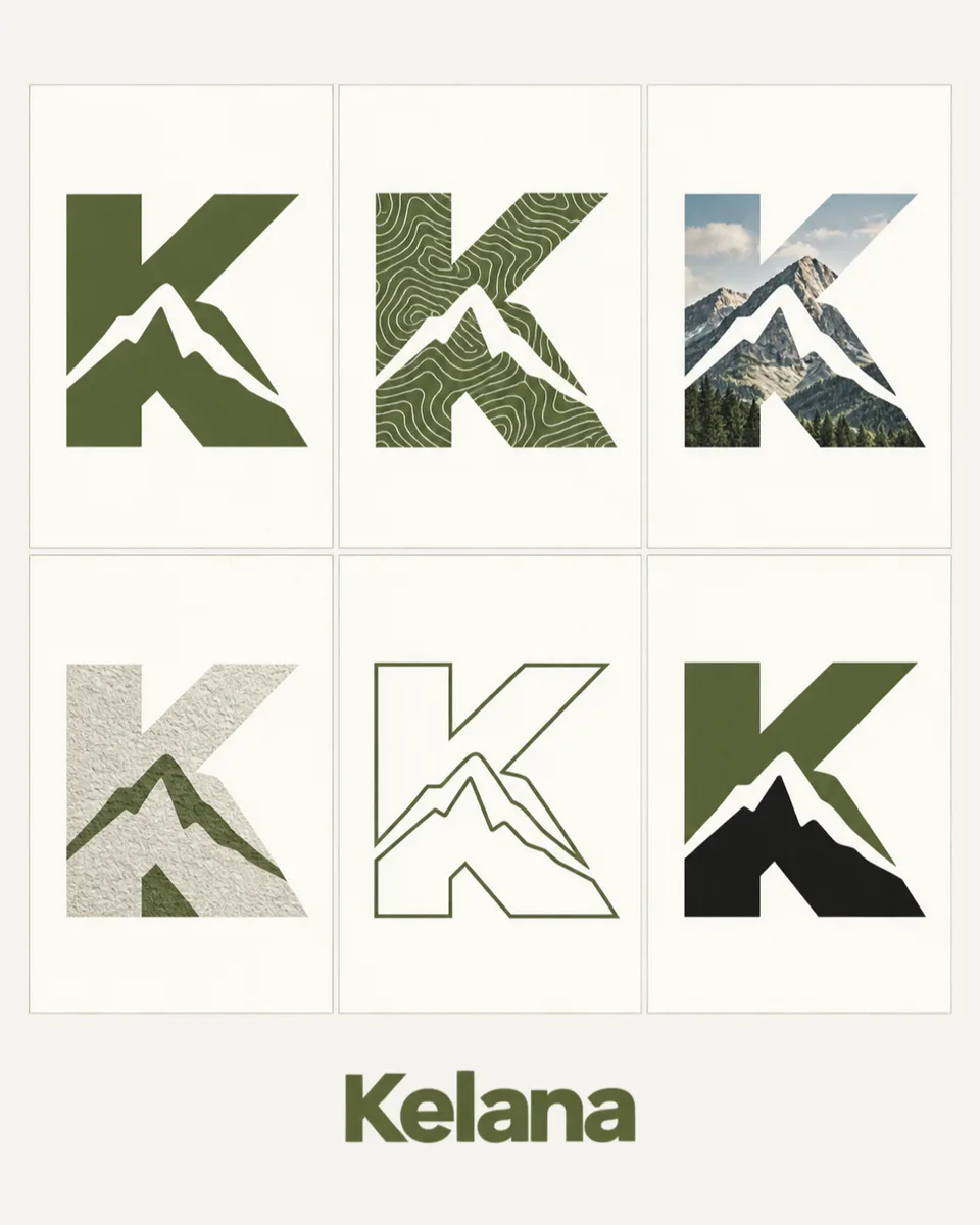 Monogram {{brand_name}} ({{logo_concept}}) dalam grid 3×2: bentuk sama, isian berganti (warna solid, pattern, foto, grad