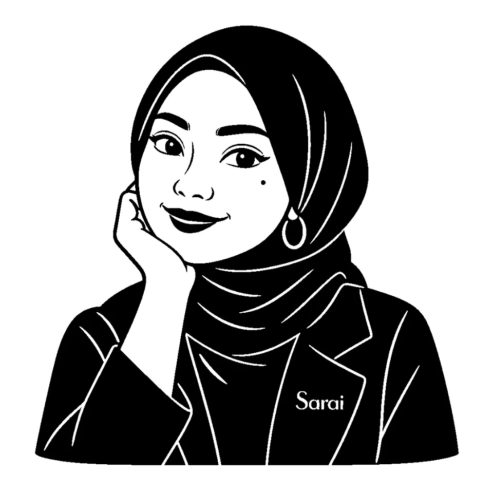 Potret {{model_look}} sebagai founder atau maskot {{brand_name}} dalam ilustrasi vektor datar hitam-putih bergaris tebal