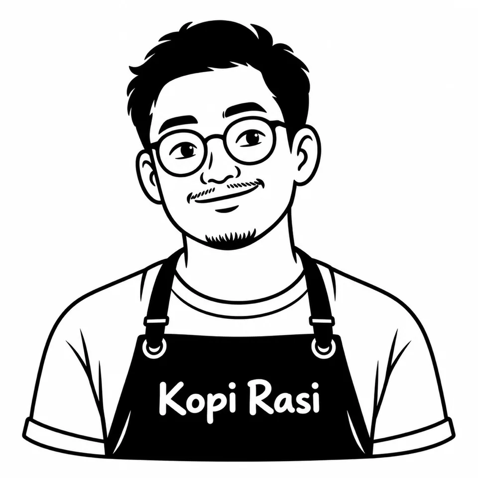 Potret {{model_look}} sebagai founder atau maskot {{brand_name}} dalam ilustrasi vektor datar hitam-putih bergaris tebal