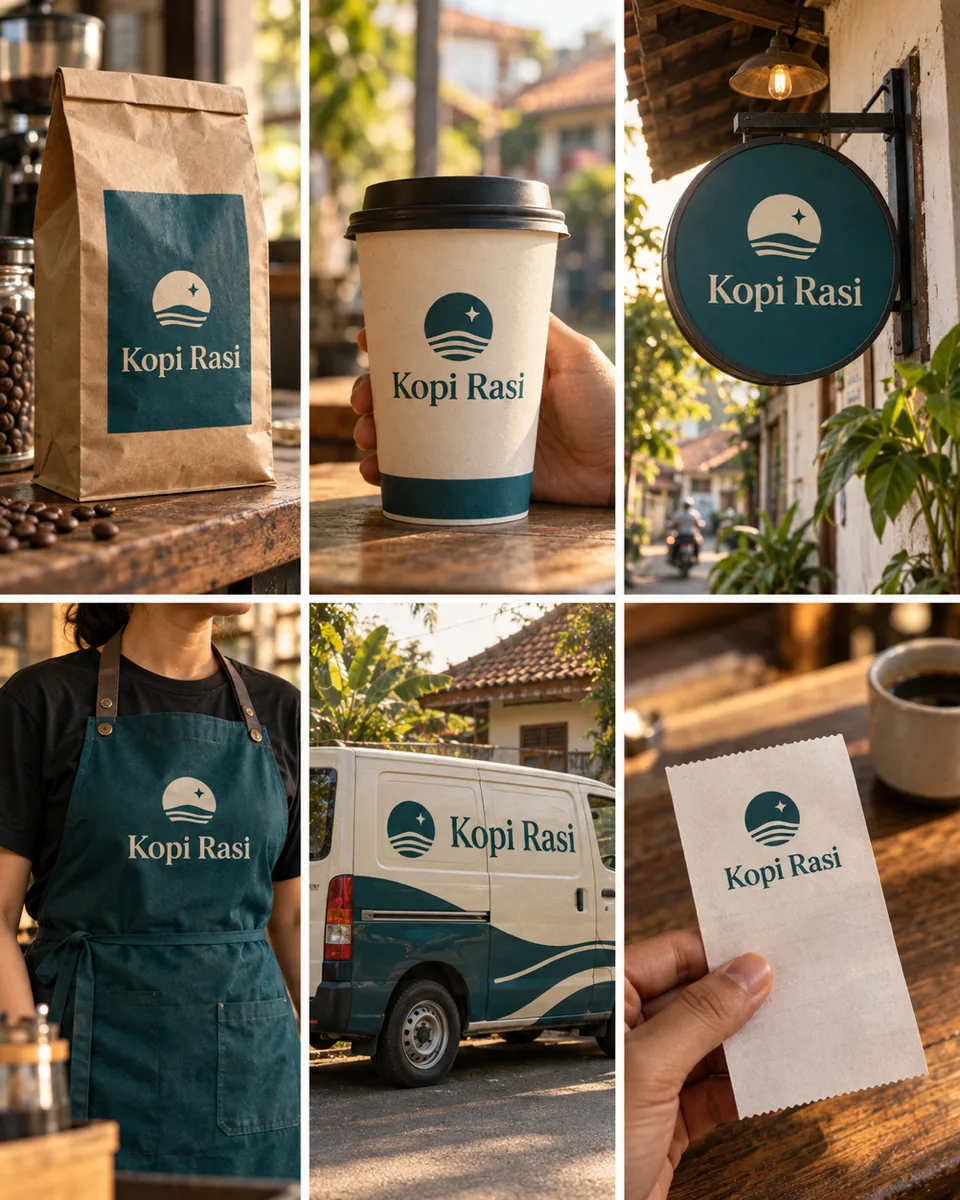 Enam foto kecil penerapan {{brand_name}} dalam grid 3×2: paper bag, cup, sign toko, seragam, mobil pengantaran, dan stru