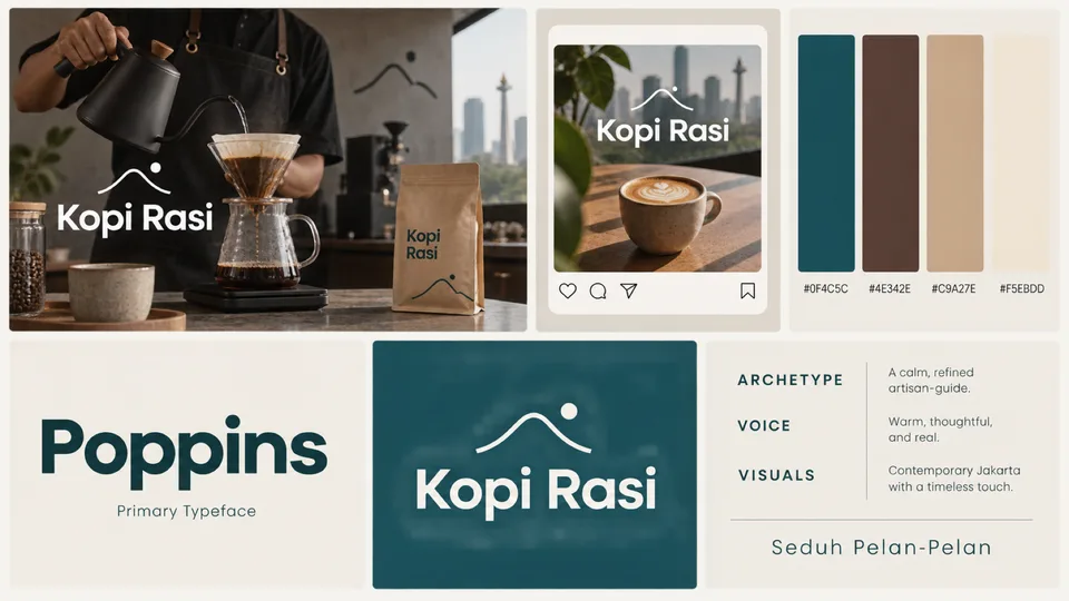 Satu papan bento berisi key visual, mockup post Instagram, 4 swatch warna dengan HEX, spesimen font, logo, dan kartu Bra
