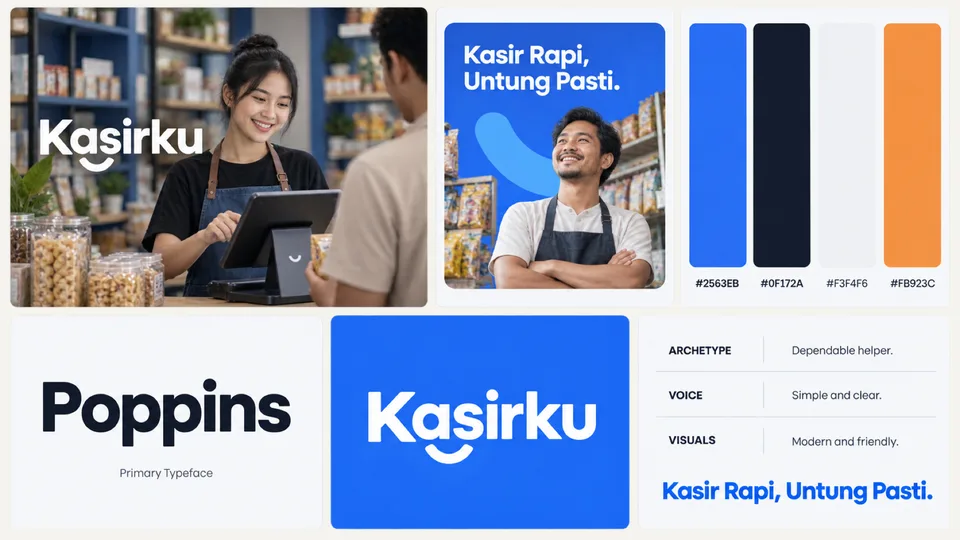 Satu papan bento berisi key visual, mockup post Instagram, 4 swatch warna dengan HEX, spesimen font, logo, dan kartu Bra