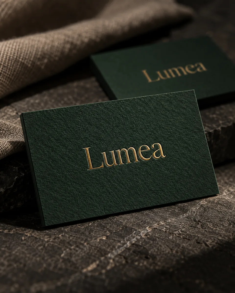 Makro kartu nama {{brand_name}}: logo foil emas mengilap di kertas cotton tebal {{primary_color}}, tepi kertas bertekstu