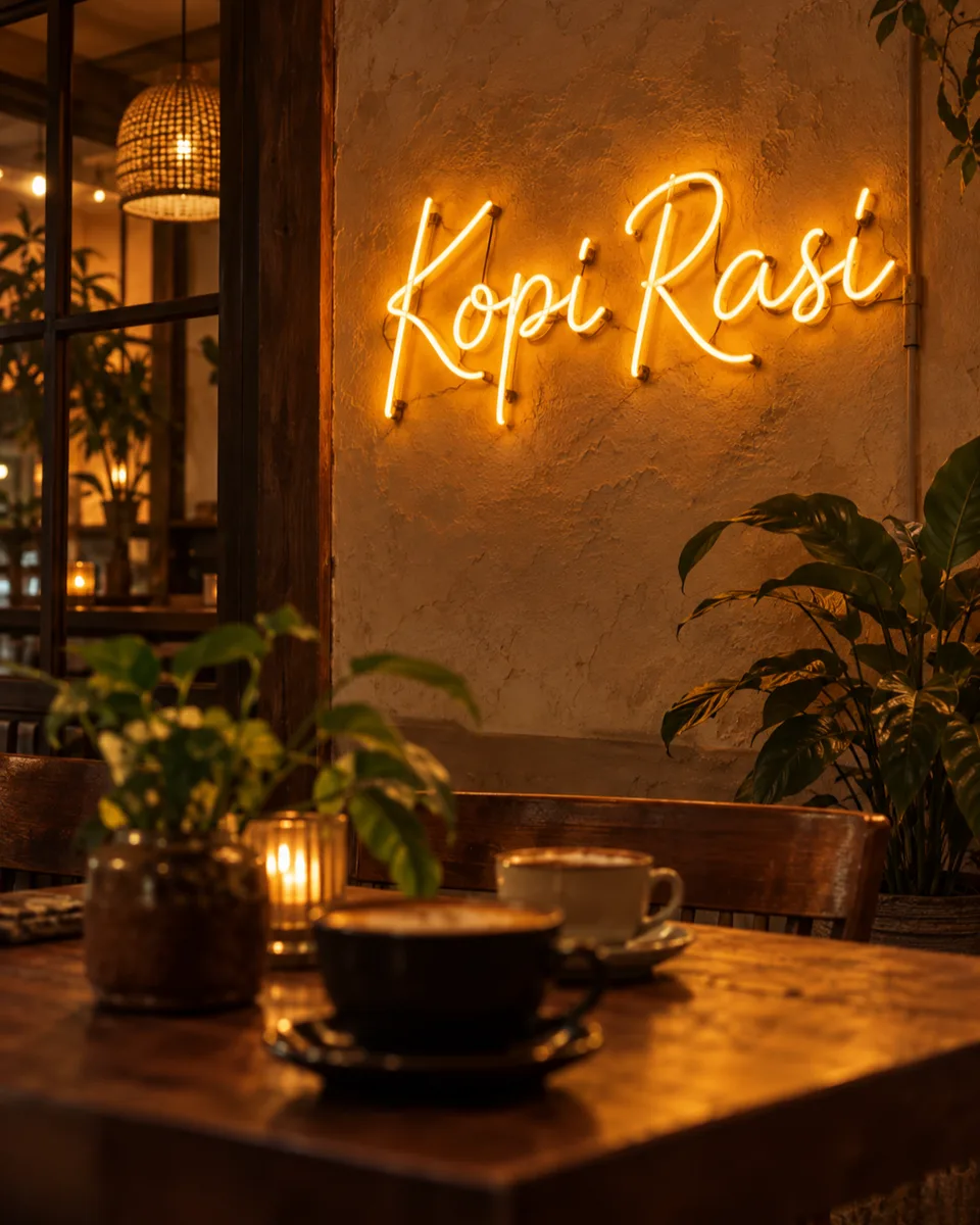 Logo {{brand_name}} jadi neon sign menyala {{primary_color}} di dinding bata atau plester kafe pada malam hari, pantulan