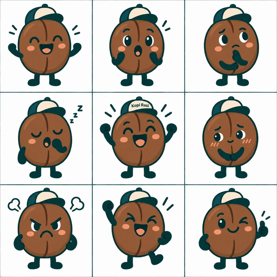 Maskot {{brand_name}} ({{mascot_desc}}) dalam grid 3×3 dengan sembilan ekspresi: senang, terkejut, berpikir, mengantuk,