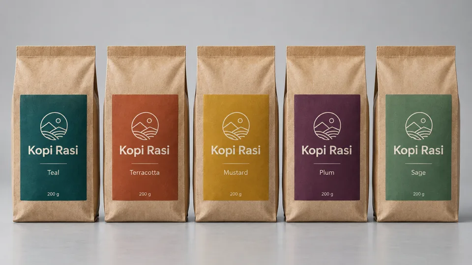 Lima kemasan {{product}} {{brand_name}} berjajar: grid label dan tipografi identik, hanya warna dan nama varian yang ber