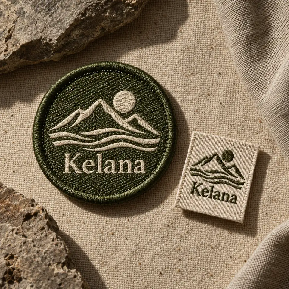 Logo {{brand_name}} sebagai patch bordir berbatas merrow dan woven label kecil, keduanya di kain denim/kanvas {{primary_