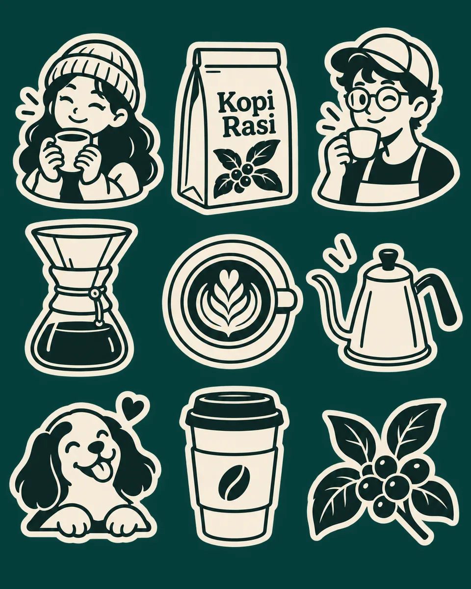 Identitas {{brand_name}} ({{industry_desc}}) diurai jadi 8–10 stiker vektor monoline: maskot, produk ikonik, simbol gaya
