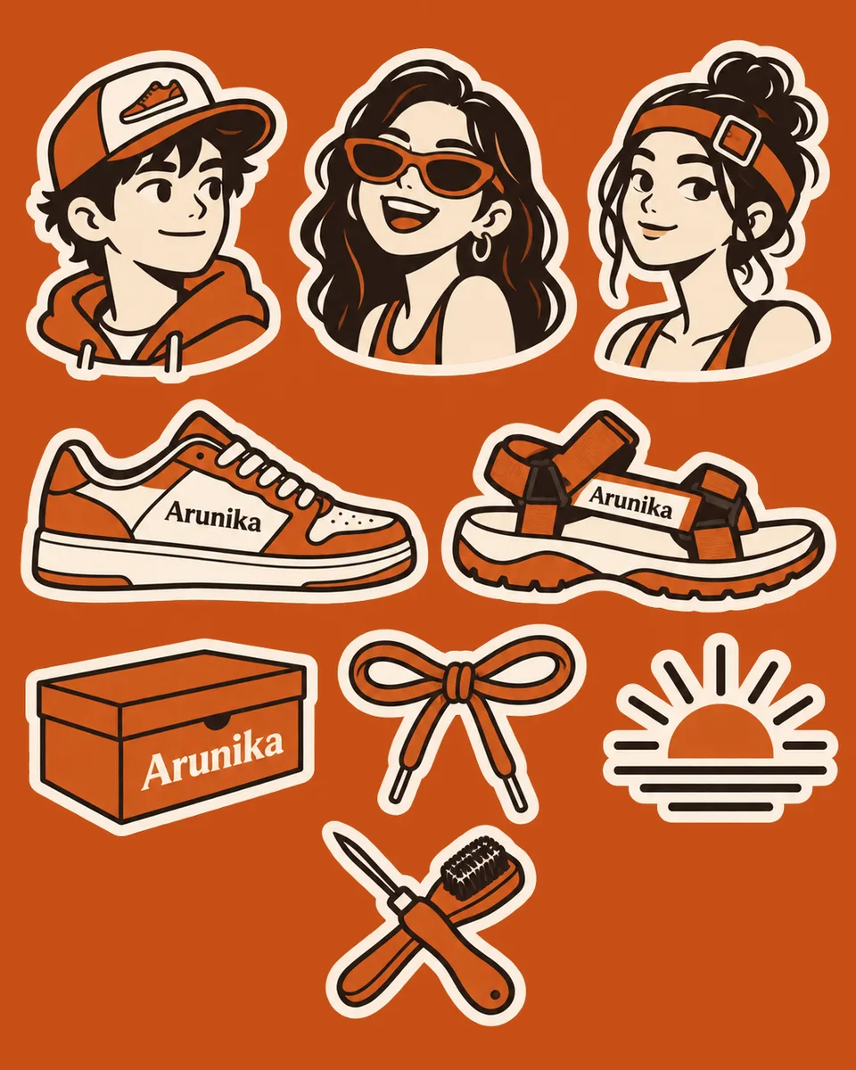 Identitas {{brand_name}} ({{industry_desc}}) diurai jadi 8–10 stiker vektor monoline: maskot, produk ikonik, simbol gaya