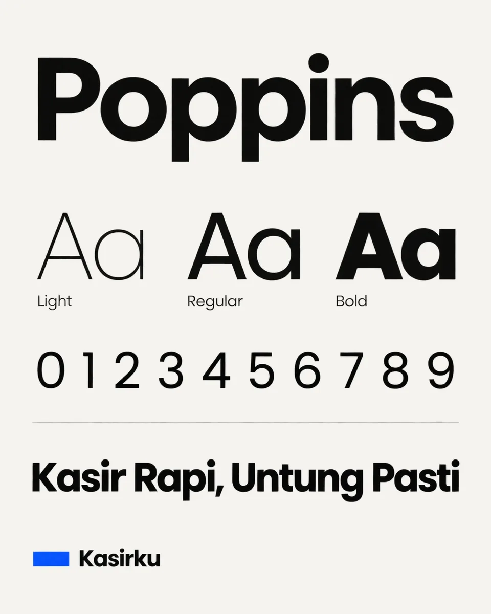 Poster spesimen tipografi {{brand_name}}: nama font besar, tiga bobot, angka, dan {{tagline}} sebagai kalimat contoh, sa