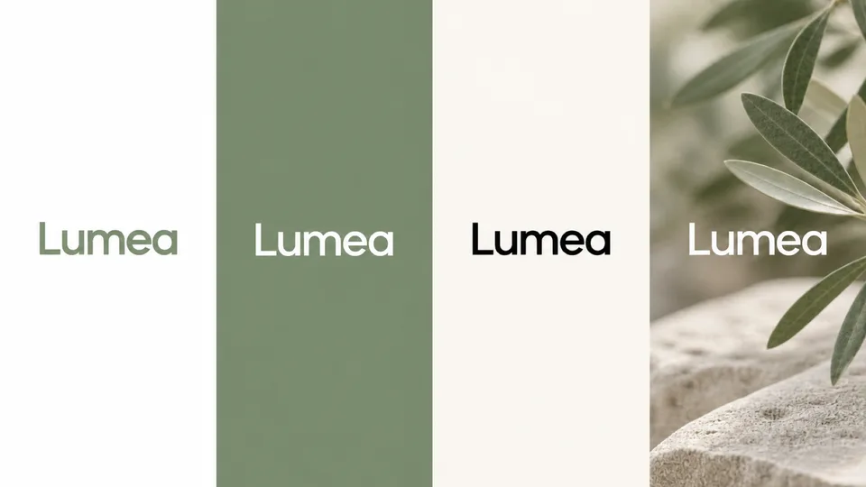 Empat panel wordmark {{brand_name}}: positif di putih, reverse di {{primary_color}} pekat, satu warna di hitam, dan di a