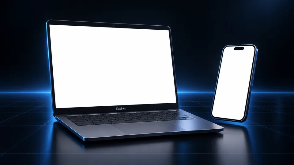 Laptop tipis dan HP melayang sedikit miring dengan layar kosong putih, bayangan lembut, aksen {{primary_color}} di latar