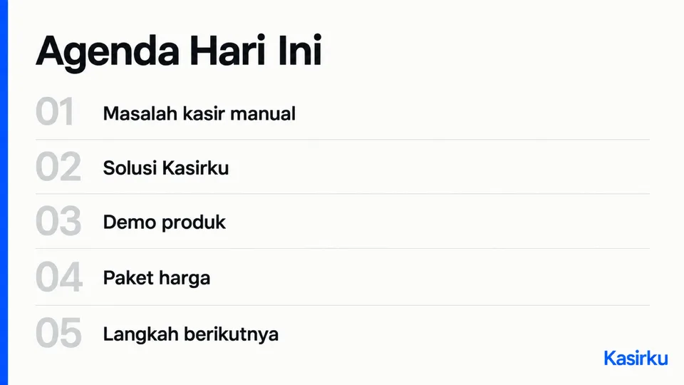 Slide agenda {{brand_name}}: judul {{headline}}, lima baris bernomor dari {{points}}, rail kiri {{primary_color}}, angka