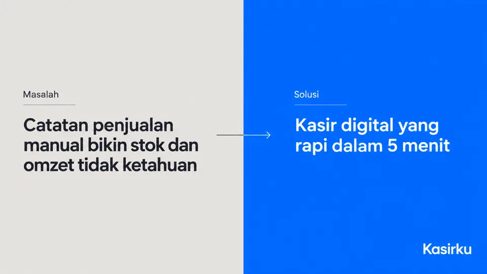 Slide terbelah vertikal: kiri redup berjudul 'Masalah' dengan {{subheadline}}, kanan beraksen {{primary_color}} berjudul