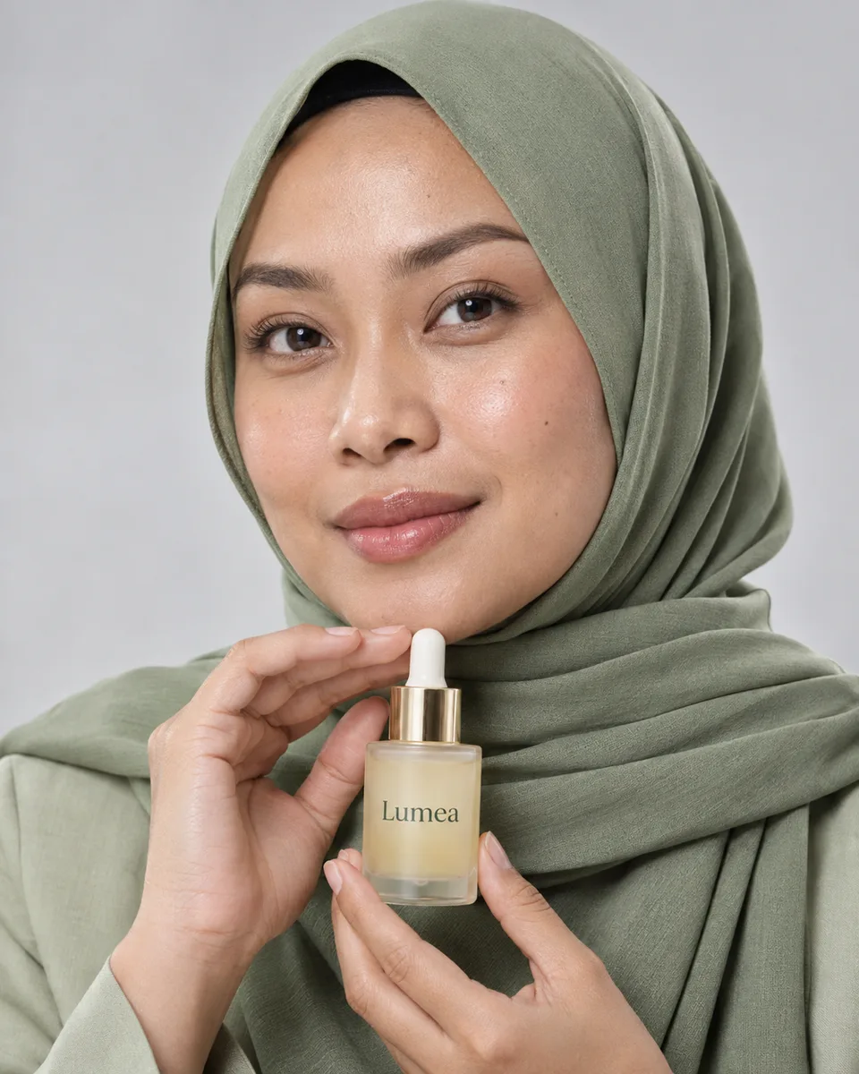 Close-up bahu ke atas {{model_look}}, kulit natural, hijab {{primary_color}} membingkai wajah, {{product}} {{brand_name}