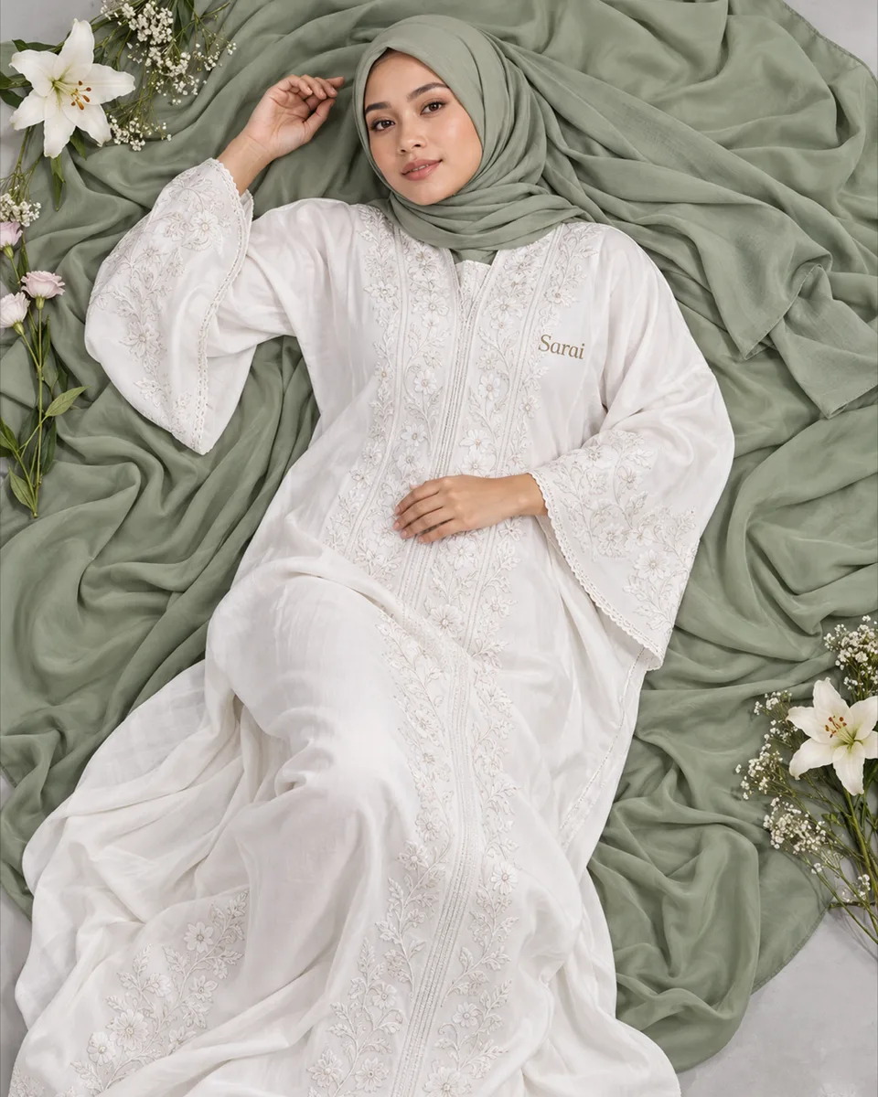 Kamera tepat di atas, {{model_look}} berbaring di hamparan kain {{primary_color}} dalam {{product}} {{brand_name}}, hija