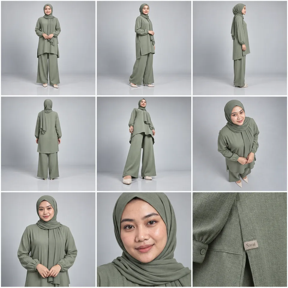 Sembilan foto {{model_look}} dalam outfit {{product}} {{brand_name}} dari wide sampai close-up, low sampai high angle, d