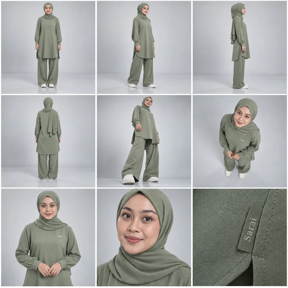 Sembilan foto {{model_look}} dalam outfit {{product}} {{brand_name}} dari wide sampai close-up, low sampai high angle, d