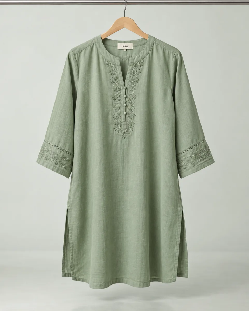{{product}} {{brand_name}} tergantung di hanger kayu dari satu rel, lurus sejajar mata; drape, panjang, dan tag wordmark