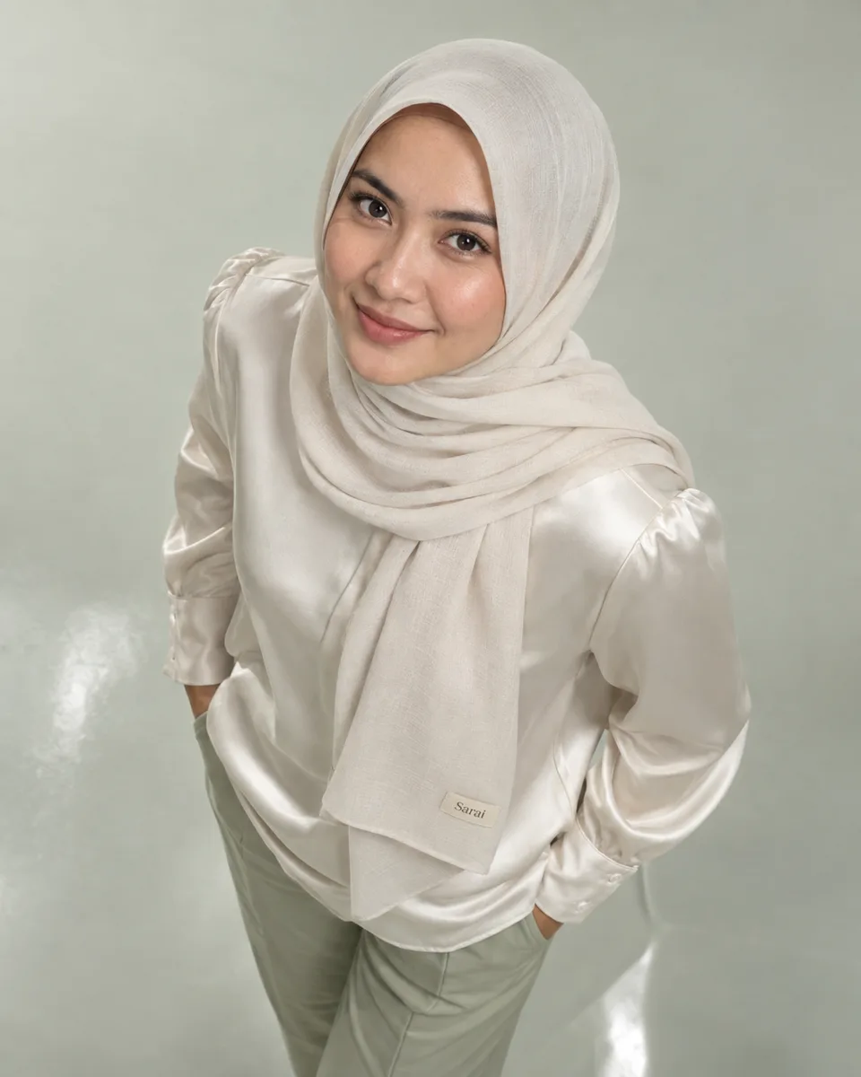 Kamera di atas kepala menunduk 30 derajat, {{model_look}} dalam {{product}} {{brand_name}} menatap lensa; garis leher, l