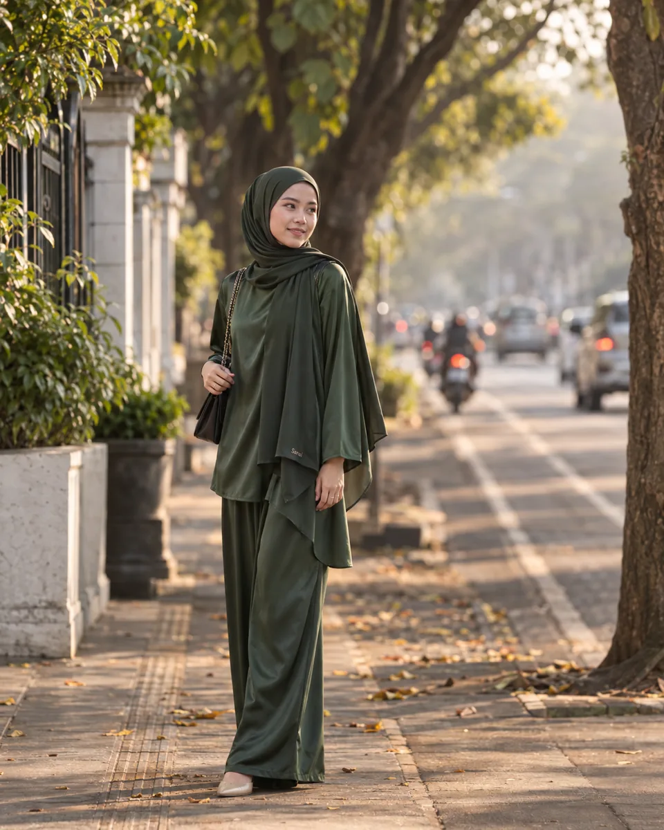 {{model_look}} dalam {{product}} {{brand_name}} difoto dari jauh dengan tele 135mm, latar jalan berpohon terkompresi jad