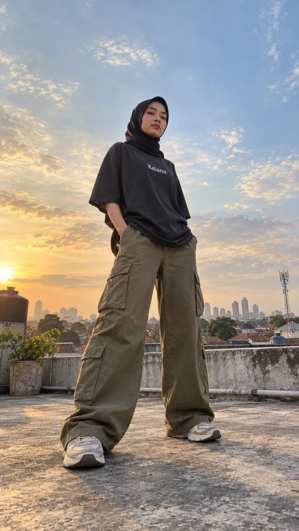 {{model_look}} dalam {{product}} {{brand_name}} difoto dari setinggi lutut dengan lensa wide sehingga kaki memanjang dan