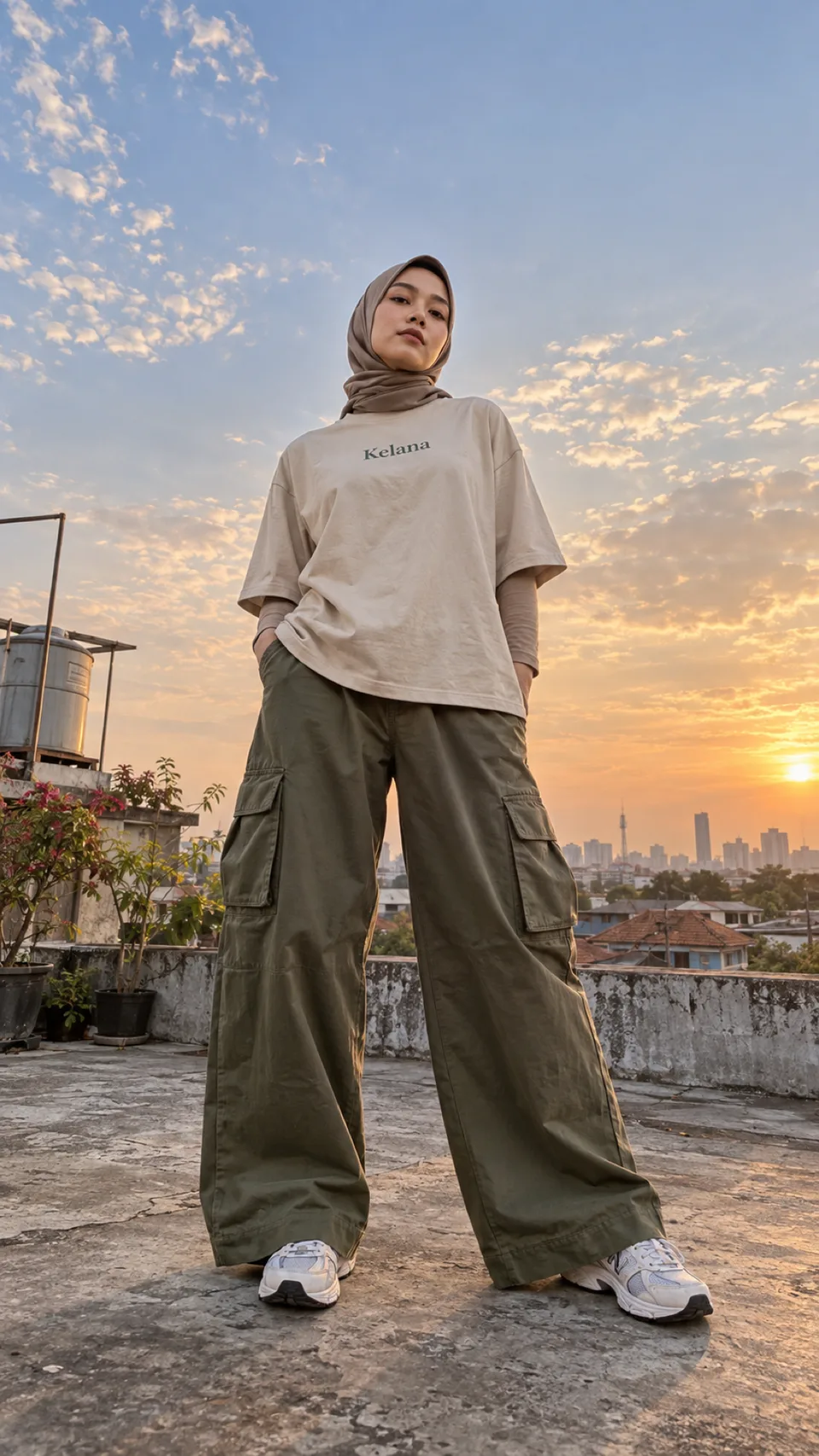 {{model_look}} dalam {{product}} {{brand_name}} difoto dari setinggi lutut dengan lensa wide sehingga kaki memanjang dan
