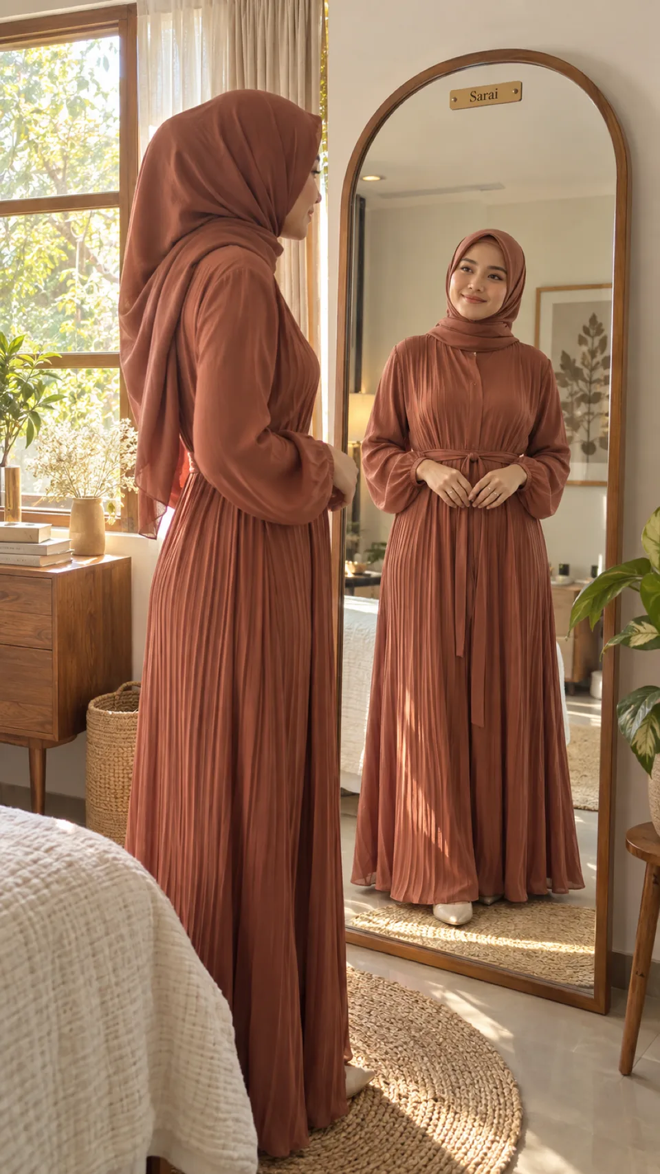 {{model_look}} dalam {{product}} {{brand_name}} berdiri di samping cermin tinggi; sisi samping terlihat langsung, sisi d