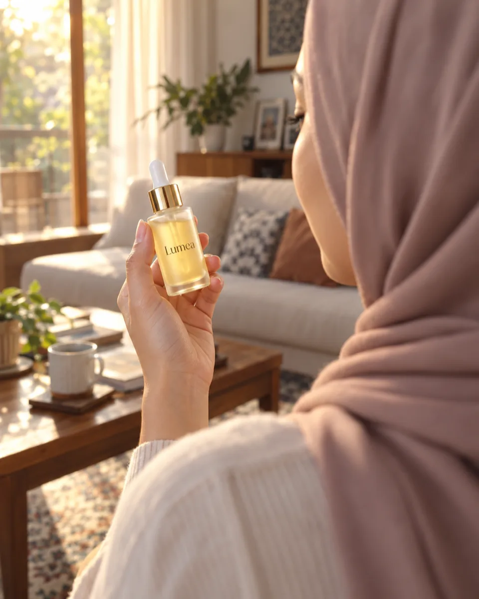 Kamera dari balik bahu {{model_look}} ke arah {{product}} {{brand_name}} yang dipegang dan ditatap; bahu dan hijab blur,