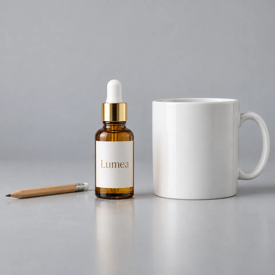 {{product}} {{brand_name}} sejajar mata di samping mug keramik putih dan pensil sebagai pembanding ukuran, label menghad