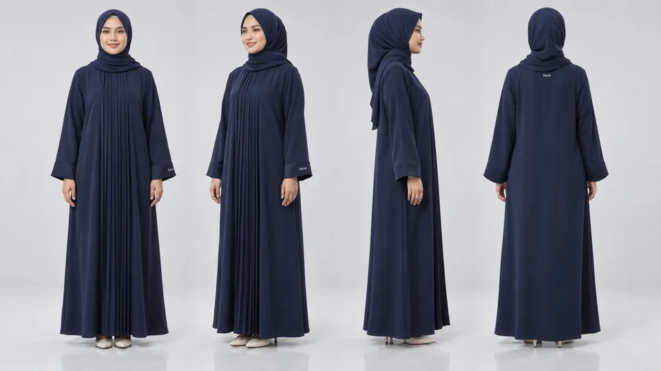 Empat foto full body {{model_look}} dalam {{product}} {{brand_name}} berjajar: depan, tiga perempat, samping, belakang,