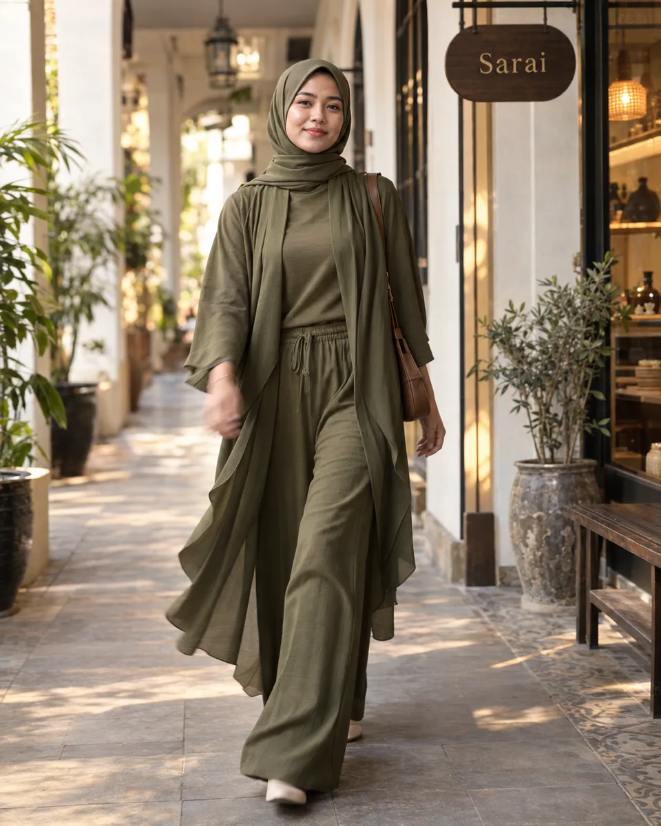 {{model_look}} berjalan ke arah kamera dalam {{product}} {{brand_name}}, kain bergerak, latar sedikit blur, wajah dan ou