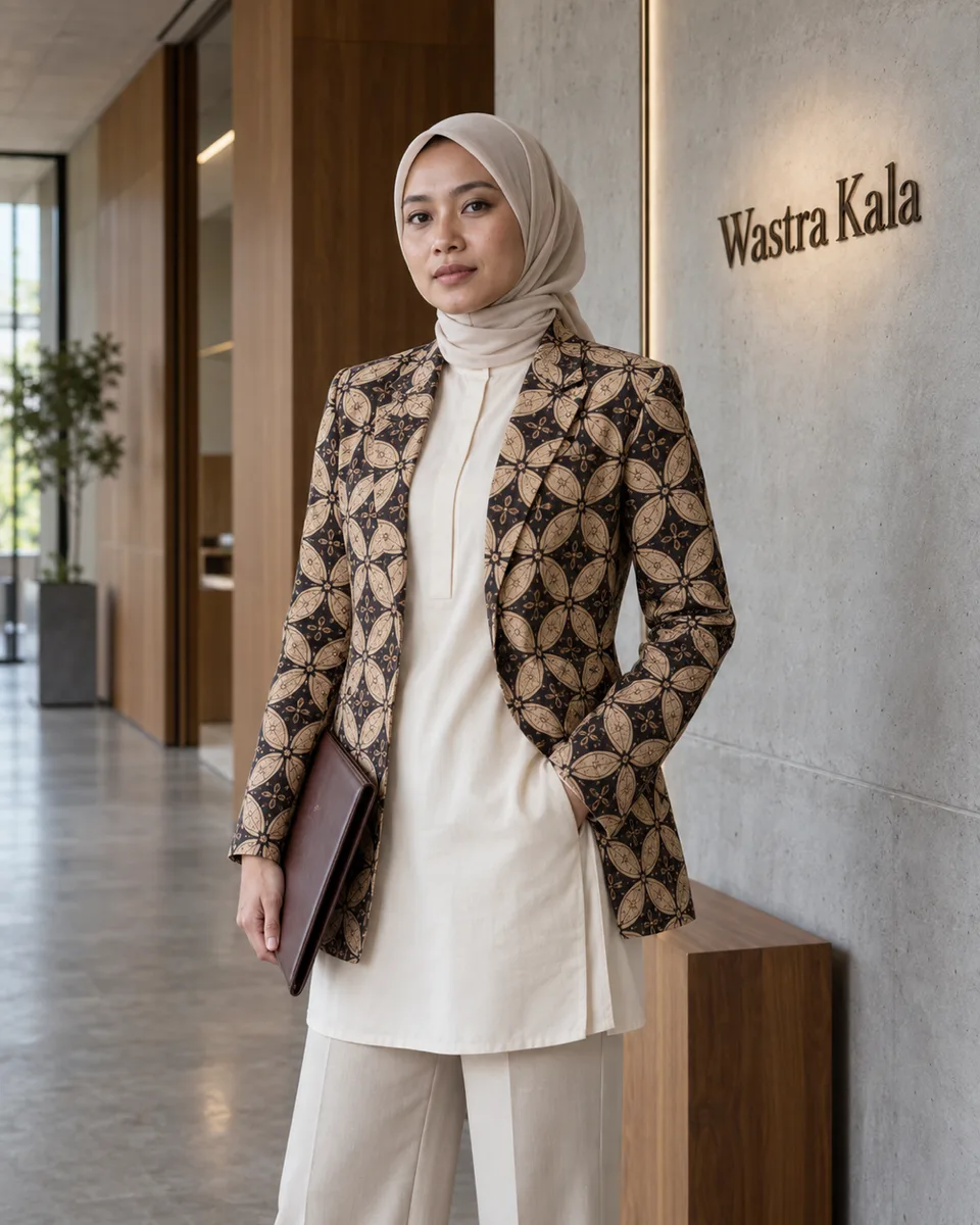 {{model_look}} memakai {{product}} {{brand_name}} motif {{motif}} di koridor kantor berdinding beton, pose tenang. Untuk