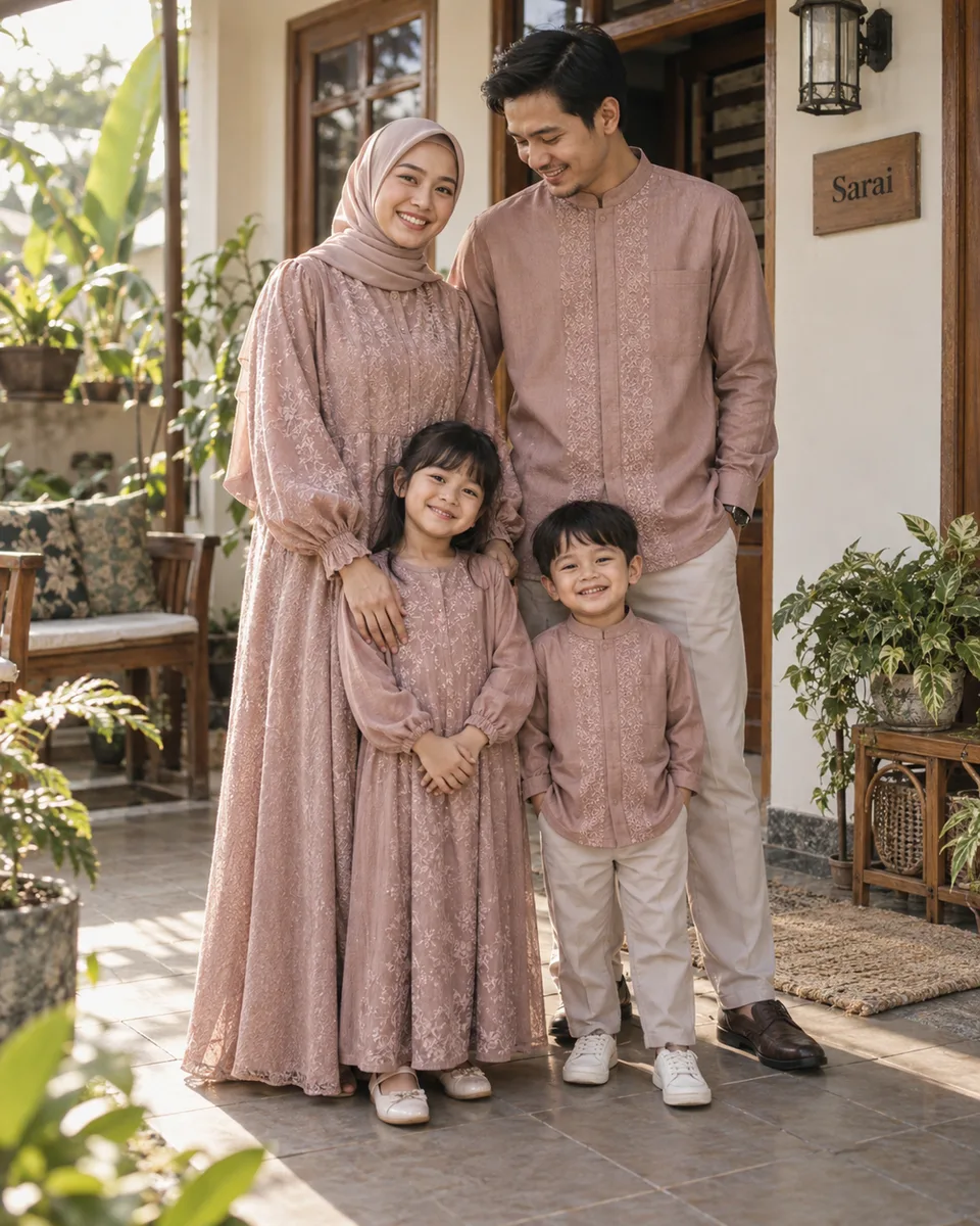 Keluarga kecil berbusana {{collection_name}} {{brand_name}} senada di teras rumah dengan cahaya pagi Lebaran. Untuk kamp