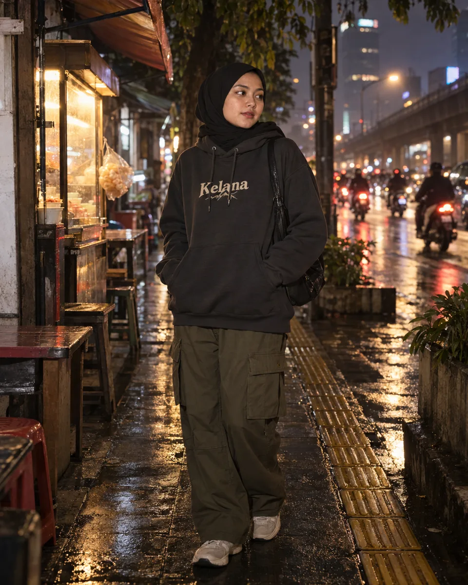 {{model_look}} dalam {{product}} {{brand_name}} di trotoar Jakarta malam dengan lampu neon dan kendaraan blur. Untuk loo