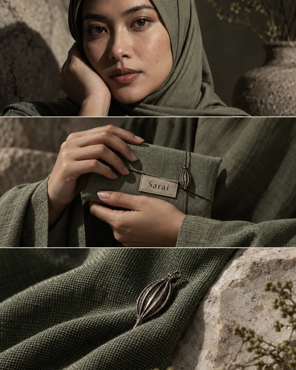 Tiga panel bertumpuk vertikal untuk {{brand_name}} ({{industry_desc}}): potret tatapan intens {{model_look}}, crop gestu