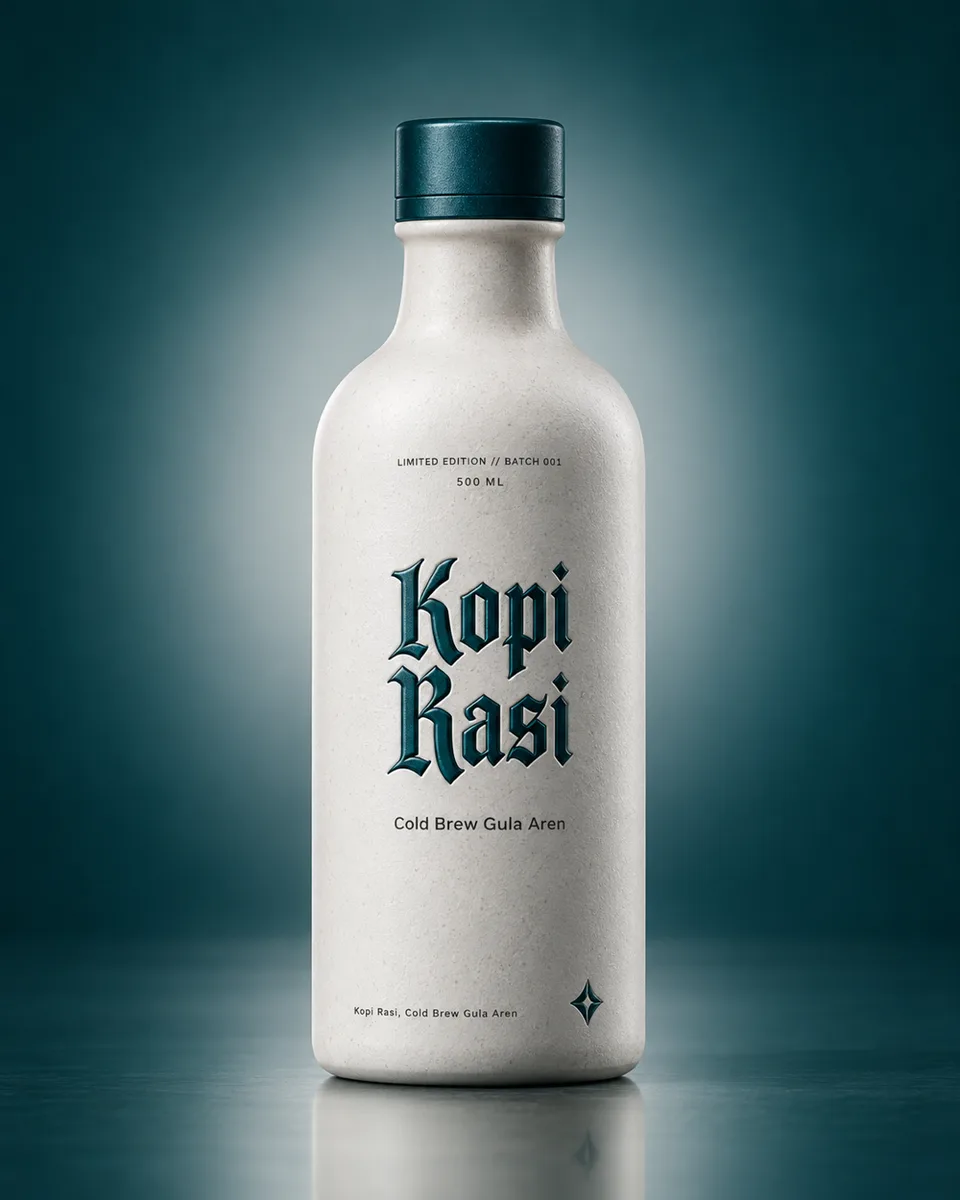 Botol keramik putih matte utuh dari dasar sampai tutup {{primary_color}}, nama {{brand_name}} blackletter ter-emboss tip